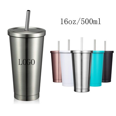 16 oz Stainless Steel Insulated Vacuum Coffee Tumbler with Straw